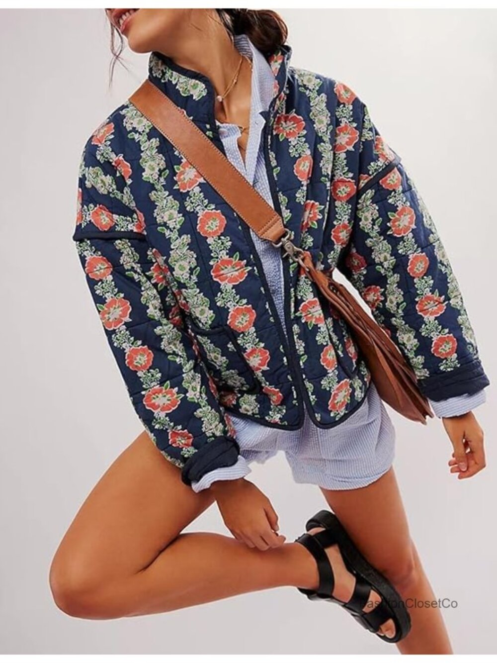 Vintage Quilted Cropped Puffer Jacket Stand Collar Contrast Trim Lightweight - Picture 3 of 6